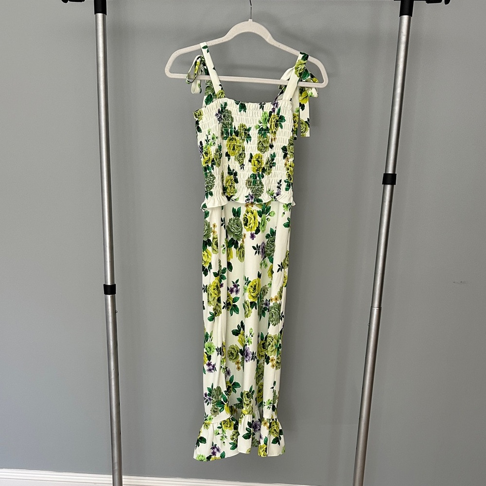 Amanda Uprichard White Maxi Dress with Green & Yellow Floral Print